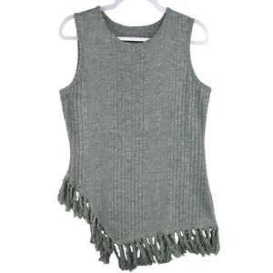 Sage Green Ribbed Knit Sleeveless Top Asymmetrical Tassel Fringe Hem XL